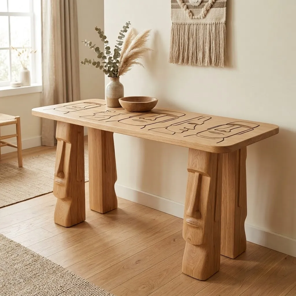 Wooden Moai Statues Console Table